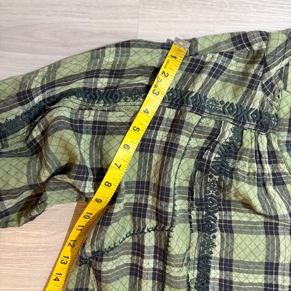 Free People Blouse Women Green Plaid Embroidered Henley Boho Raw Hem Size S - Picture 9 of 16